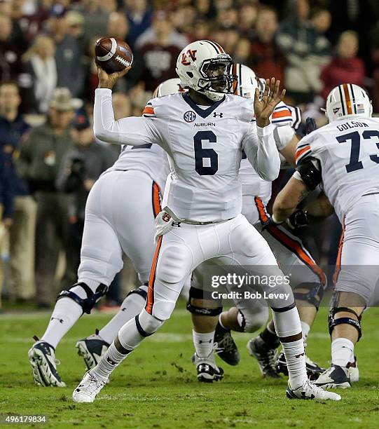 Jeremy Johnson of the Auburn Tigers throws a pass in the first half at Kyle Field on November 7, 2015 in College Station, Texas.