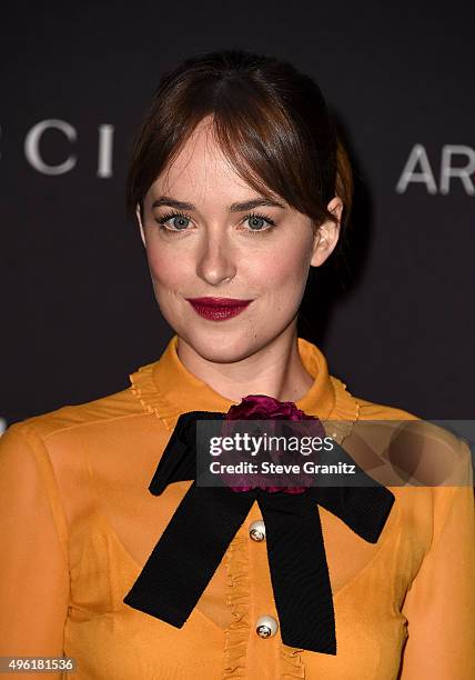 Actress Dakota Johnson, wearing Gucci, attends LACMA 2015 Art+Film Gala Honoring James Turrell and Alejandro G Iñárritu, Presented by Gucci at LACMA...