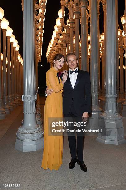 Actors Dakota Johnson, wearing Gucci, and Jesse Johnson attend LACMA 2015 Art+Film Gala Honoring James Turrell and Alejandro G Iñárritu, Presented by...