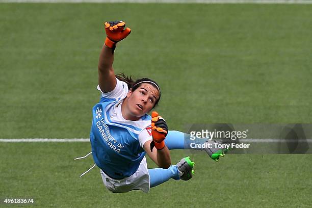Lydia Williams of Canberra dives to save a shot at goal during the round four W-League match between Canberra United and Melbourne City FC at Central...