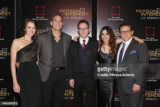 Actors Amy Acker, Jim Caviezel, Michael Emerson, Sarah Shahi and Kevin Chapman attend "Person Of Interest" 100th Episode Celebration at 230 Fifth...