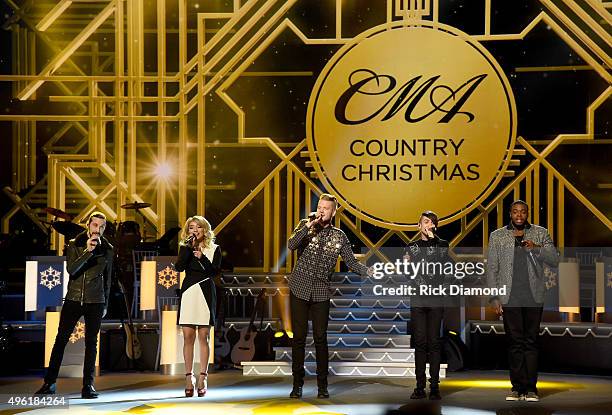 Recording artists Avi Kaplan, Kirstie Maldonado, Scott Hoying, Mitch Grassi, and Kevin Olusola of Pentatonix perform during the CMA 2015 Country...