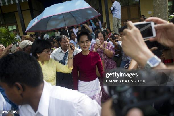 Myanmar opposition leader and head of the National League for Democracy Aung San Suu Kyi visits a polling station in Kawhmu township, Yangon on...