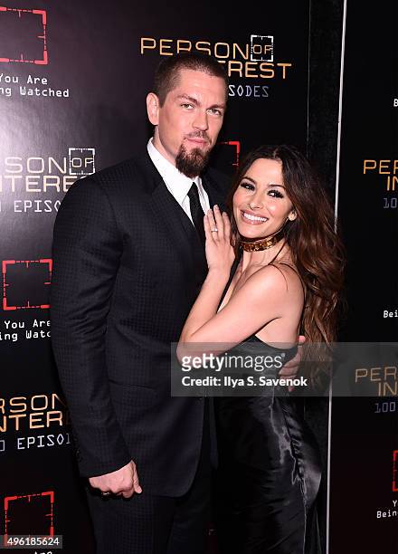 Actors Steve Howey and Sarah Shahi attend "Person Of Interest" 100th Episode Celebration at 230 Fifth Avenue on November 7, 2015 in New York City.