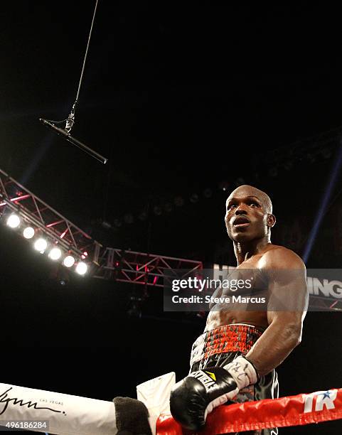 Welterweight champion Timothy Bradley Jr. Stands on the ropes after defeating Brandon Rios in their title fight at the Thomas & Mack Center on...