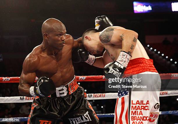 Welterweight champion Timothy Bradley Jr. Battles with Brandon Rios during their title fight at the Thomas & Mack Center on November 7, 2015 in Las...