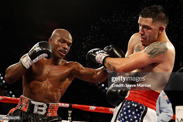 Welterweight champion Timothy Bradley Jr. Connects on Brandon Rios during their title fight at the Thomas & Mack Center on November 7, 2015 in Las...