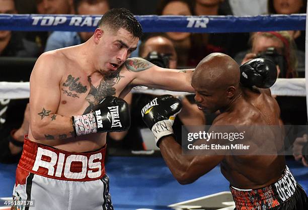 Brandon Rios and Timothy Bradley Jr. Battle in the ninth round of their WBO welterweight title fight at the Thomas & Mack Center on November 7, 2015...