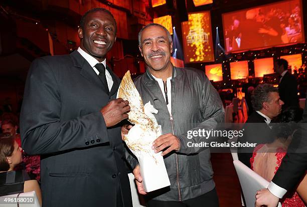 Linford Christie and Daley Thompson with Meissen Pegasos Award during the German Sports Media Ball at Alte Oper on November 7, 2015 in Frankfurt am...