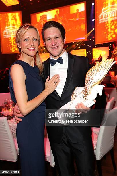Matthias Steiner with the Meissen Pegasos Award and his wife Inge Steiner during the German Sports Media Ball at Alte Oper on November 7, 2015 in...