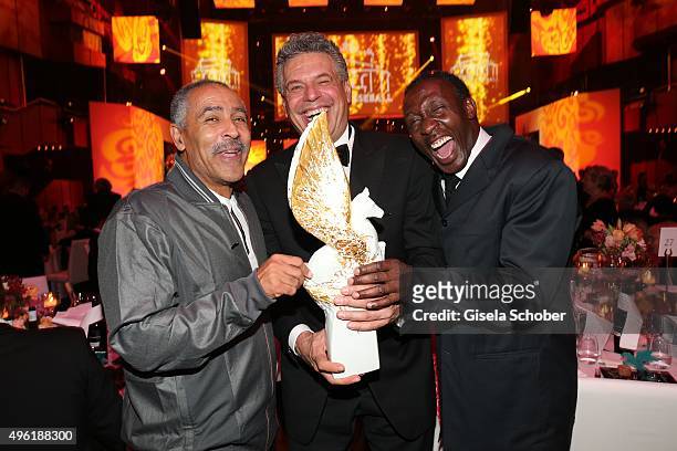 Daley Thompson, Juergen Hingsen with Meissen Pegasos Award and Linford Christie during the German Sports Media Ball at Alte Oper on November 7, 2015...