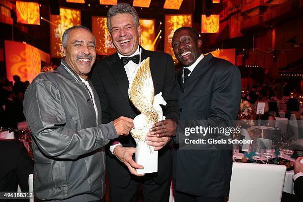 Daley Thompson, Juergen Hingsen with Meissen Pegasos Award and Linford Christie during the German Sports Media Ball at Alte Oper on November 7, 2015...