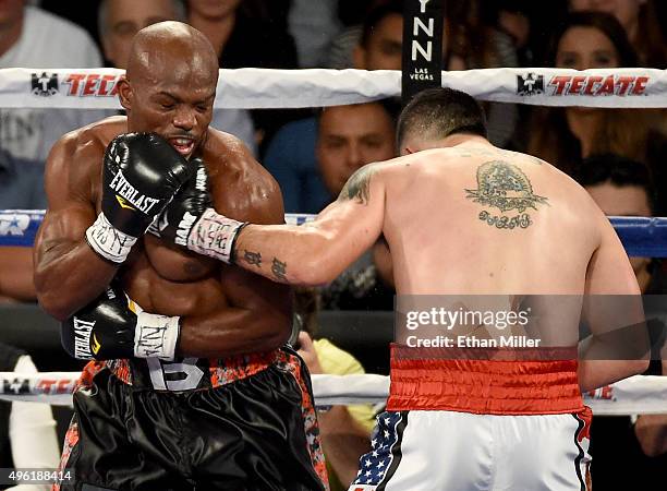 Brandon Rios hits Timothy Bradley Jr. In the third round of their WBO welterweight title fight at the Thomas & Mack Center on November 7, 2015 in Las...