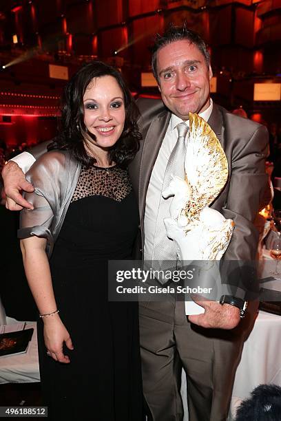 Jochen Wollmert with Meissen Pegasos Award and his wife Steffi Wollmert during the German Sports Media Ball at Alte Oper on November 7, 2015 in...