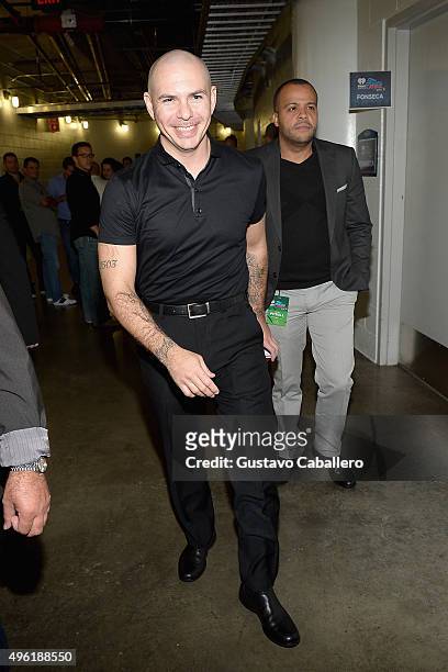 Recording artist Pitbull attends iHeartRadio Fiesta Latina presented by Sprint at American Airlines Arena on November 7, 2015 in Miami, Florida.