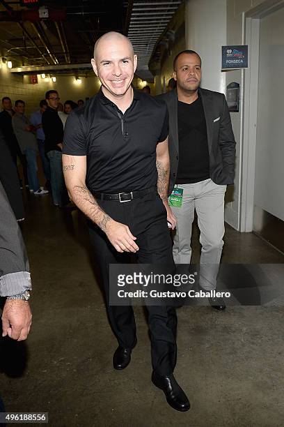 Pitbull attends iHeartRadio Fiesta Latina presented by Sprint at American Airlines Arena on November 7, 2015 in Miami, Florida.