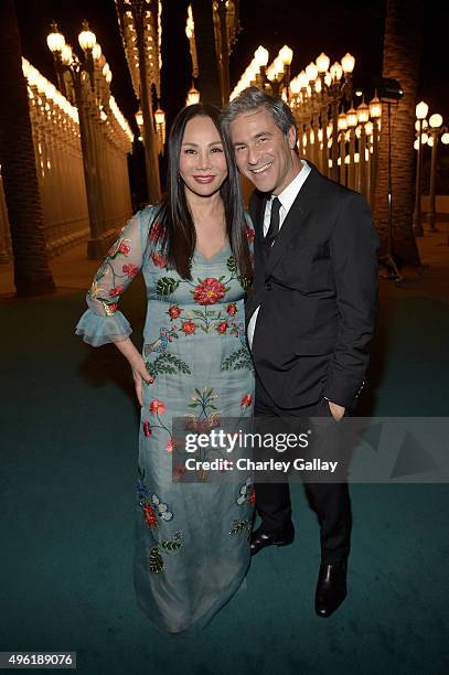 Art Film Gala co-chair and LACMA Trustee Eva Chow, wearing Gucci, and LACMA director Michael Govan, wearing Gucci, attend LACMA 2015 Art+Film Gala...