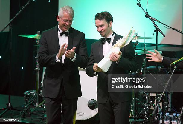 Stefan Schulte, Fraport and Felix Neureuther with Meissen Pegasos Award during the German Sports Media Ball at Alte Oper on November 7, 2015 in...