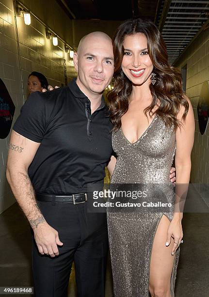 Pitbull and Roselyn Sanchez attend iHeartRadio Fiesta Latina presented by Sprint at American Airlines Arena on November 7, 2015 in Miami, Florida.