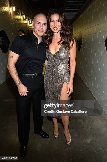 Pitbull and Roselyn Sanchez attend iHeartRadio Fiesta Latina presented by Sprint at American Airlines Arena on November 7, 2015 in Miami, Florida.