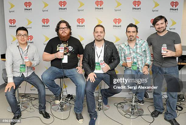 Musicians Mingo Bolanos, Miguel Gaxiola, Jorge Gaxiola, Adrian Gonzalez and Carlos Sigala of Voz de Mando attend iHeartRadio Fiesta Latina presented...