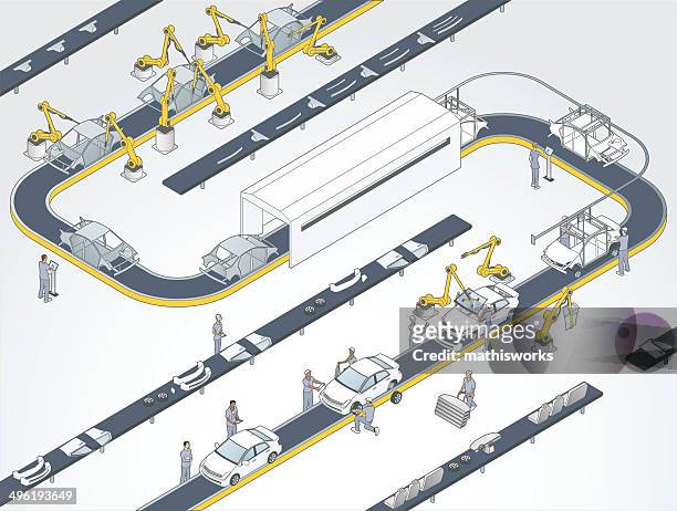 ilustraciones, imágenes clip art, dibujos animados e iconos de stock de auto assembly (auto ensamblaje) de ilustración - brazo robótico herramientas de fabricación