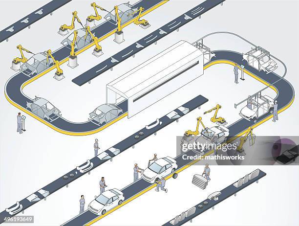 auto assembly line illustration - isometric manufacturing factory stock illustrations
