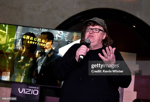 Filmmaker Michael Moore speaks at the after party for the Centerpiece Gala Premiere of Dog Eat Dog Films' "Where to Invade Next" during AFI FEST 2015...