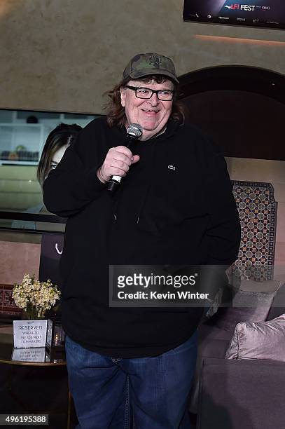 Filmmaker Michael Moore speaks at the after party for the Centerpiece Gala Premiere of Dog Eat Dog Films' "Where to Invade Next" during AFI FEST 2015...