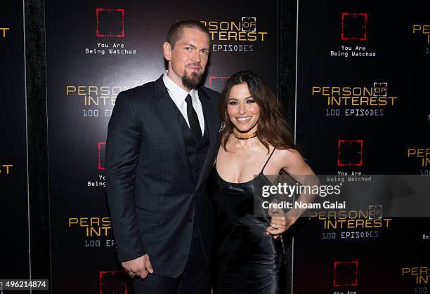 Actors Steve Howey and Sarah Shahi attend "Person Of Interest" 100th episode celebration event at 230 Fifth Avenue on November 7, 2015 in New York...