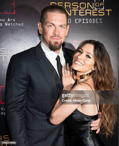 Actors Steve Howey and Sarah Shahi attend "Person Of Interest" 100th episode celebration event at 230 Fifth Avenue on November 7, 2015 in New York...