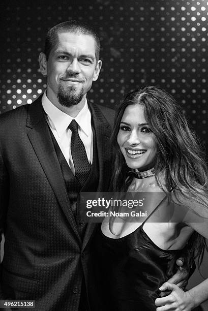 Actors Steve Howey and Sarah Shahi attend "Person Of Interest" 100th episode celebration event at 230 Fifth Avenue on November 7, 2015 in New York...