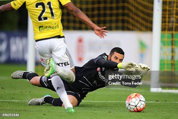 Paul Izzo of the Mariners saves a shot for goal during the round five A-League match between the Central Coast Mariners and the Wellington Phoenix at...