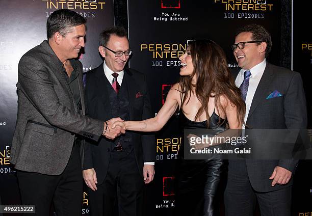 Actors Jim Caviezel, Michael Emerson, Sarah Shahi and Kevin Chapman attend "Person Of Interest" 100th episode celebration event at 230 Fifth Avenue...