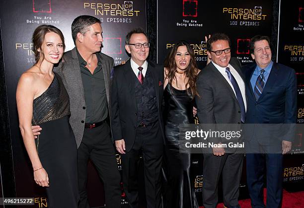 Pamela Soper, Amy Acker, Jim Caviezel, Michael Emerson, Sarah Shahi, Kevin Chapman and Peter Roth attend "Person Of Interest" 100th episode...