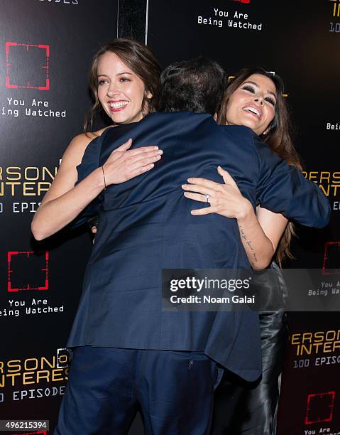Actors Amy Acker and Sarah Shahi meet Chief Executive of Warner Brothers Television Peter Roth at "Person Of Interest" 100th episode celebration...