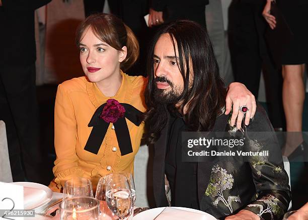 Actress Dakota Johnson, wearing Gucci, and Creative Director of Gucci Alessandro Michele attends LACMA 2015 Art+Film Gala Honoring James Turrell and...