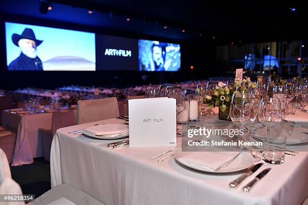 Seating areas are displayed at LACMA 2015 Art+Film Gala Honoring James Turrell and Alejandro G Iñárritu, Presented by Gucci at LACMA on November 7,...