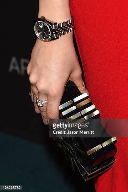Model Xenia Tchoumitcheva, fashion detail, attends LACMA 2015 Art+Film Gala Honoring James Turrell and Alejandro G Iñárritu, Presented by Gucci at...