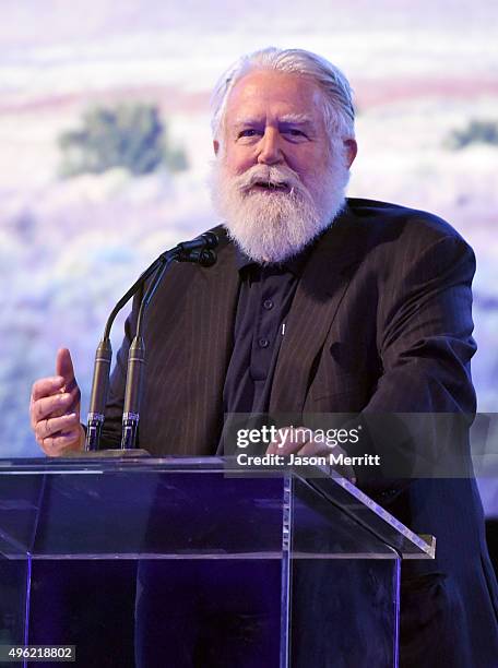 Honoree James Turrell speaks onstage during LACMA 2015 Art+Film Gala Honoring James Turrell and Alejandro G Iñárritu, Presented by Gucci at LACMA on...