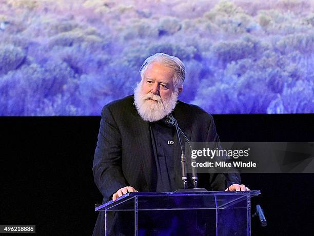 Honoree James Turrell speaks onstage during LACMA 2015 Art+Film Gala Honoring James Turrell and Alejandro G Iñárritu, Presented by Gucci at LACMA on...