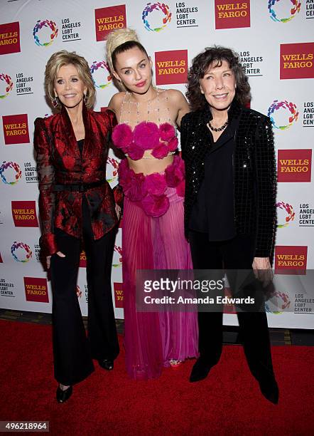 Actress Jane Fonda, singer Miley Cyrus and actress Lily Tomlin arrive at the 46th Anniversary Gala Vanguard Awards at the Hyatt Regency Century Plaza...