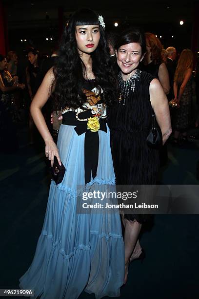 Musician Asia Chow, wearing Gucci, and Melissa Bomes attend LACMA 2015 Art+Film Gala Honoring James Turrell and Alejandro G Iñárritu, Presented by...