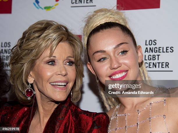 Actress Jane Fonda and singer Miley Cyrus arrive at the 46th Anniversary Gala Vanguard Awards at the Hyatt Regency Century Plaza on November 7, 2015...