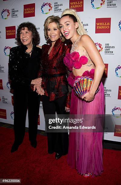 Actresses Lily Tomlin and Jane Fonda and singer Miley Cyrus arrive at the 46th Anniversary Gala Vanguard Awards at the Hyatt Regency Century Plaza on...