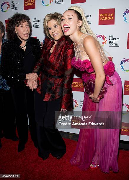 Actresses Lily Tomlin and Jane Fonda and singer Miley Cyrus arrive at the 46th Anniversary Gala Vanguard Awards at the Hyatt Regency Century Plaza on...