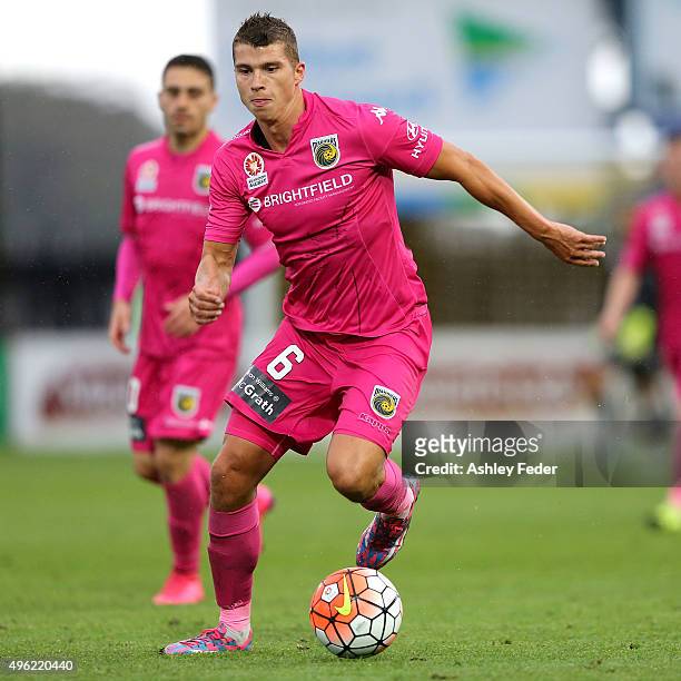 Mitchell Austin of the Mariners controls the ball during the round five A-League match between the Central Coast Mariners and the Wellington Phoenix...