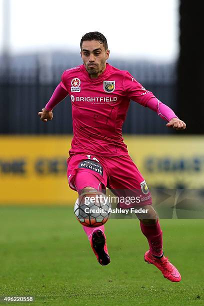 Anthony Caceres of the Mariners in action during the round five A-League match between the Central Coast Mariners and the Wellington Phoenix at...