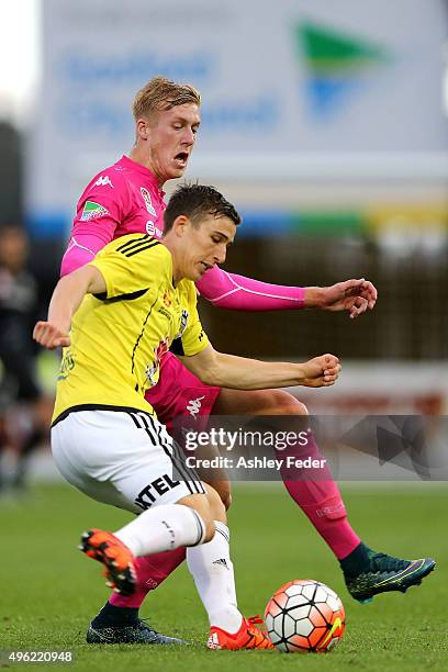 Louis Fenton of the Phoenix controls the ball ahead of the Mariners defence during the round five A-League match between the Central Coast Mariners...