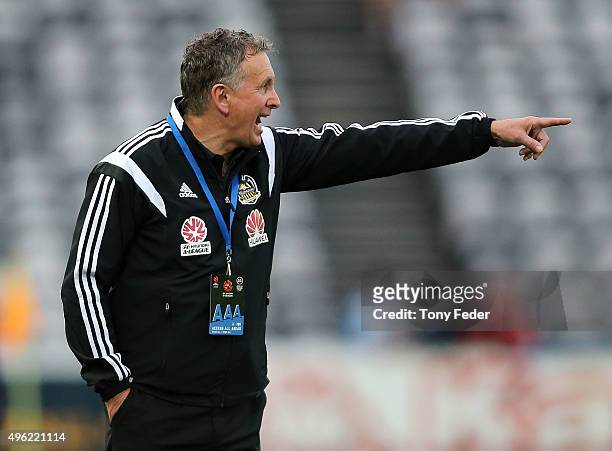 Ernie Merrick coach of the Phoenix points to his team during the round five A-League match between the Central Coast Mariners and the Wellington...